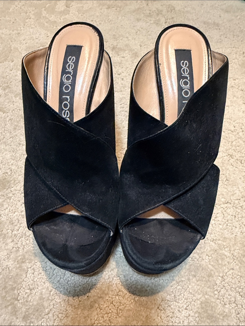 Sergio Rossi Black Suede Crisscross Open-Toe Mules